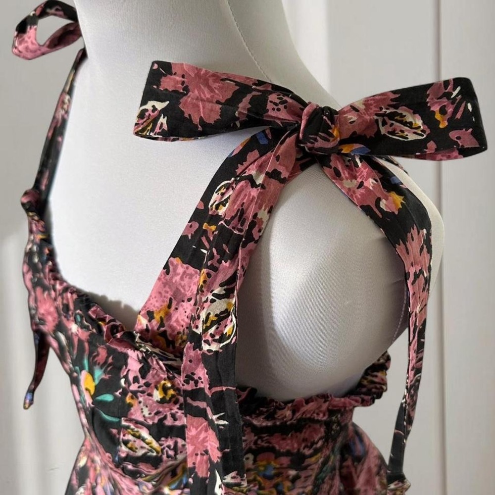 Cleobella Organic Cotton Floral Tie Shoulder Bubble Hem Mini Dress Black Pink - Picture 2 of 8